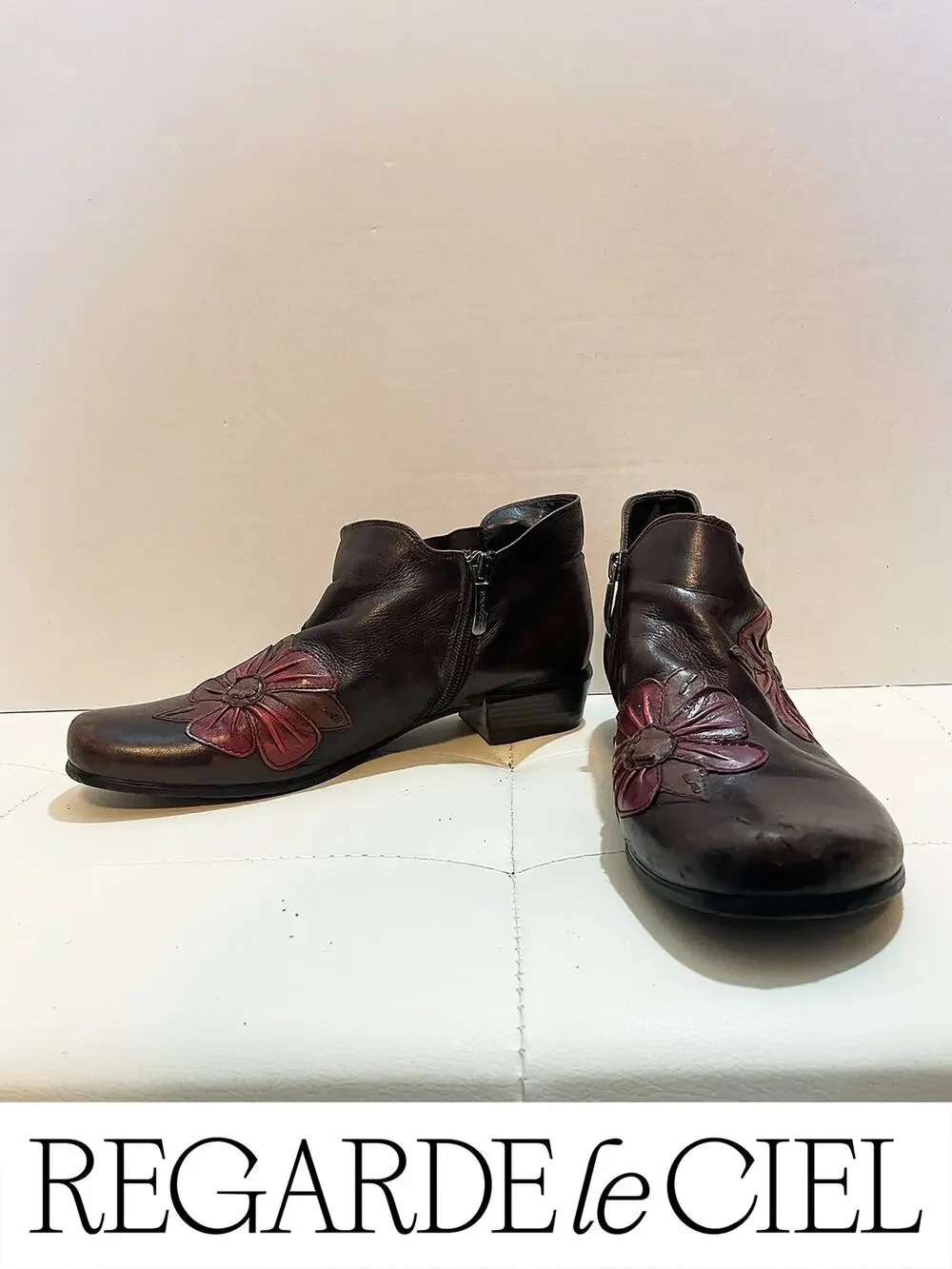 Regarde le Ciel Brown Leather Floral Applique Ankle Boots Size 40